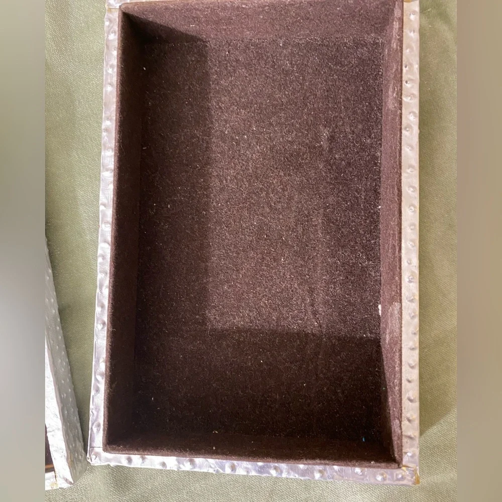 Vintage pewter covered wooden jewelry box with raised roses on top #05